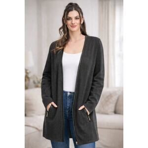 Charter Club Charcoal Open Front Cardigan Medium Zip Pockets Faux Leather Trim